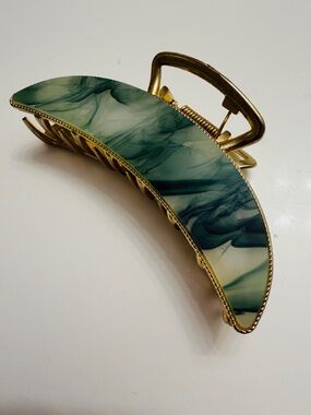 Gold-Tone Hair Claw with Green Marble Inlay